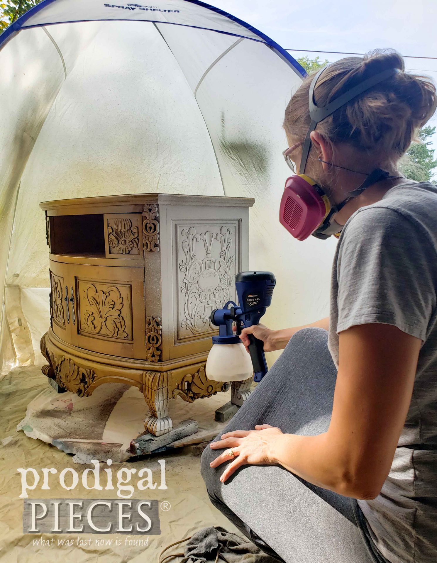 Larissa of Prodigal Pieces Priming Entertainment Stand with Gripper Primer using the HomeRight Super Finish Max Extra Sprayer | prodigalpieces.com Larissa of Prodigal Pieces Priming Entertainment Stand with Gripper Primer using the HomeRight Super Finish Max Extra Sprayer | prodigalpieces.com