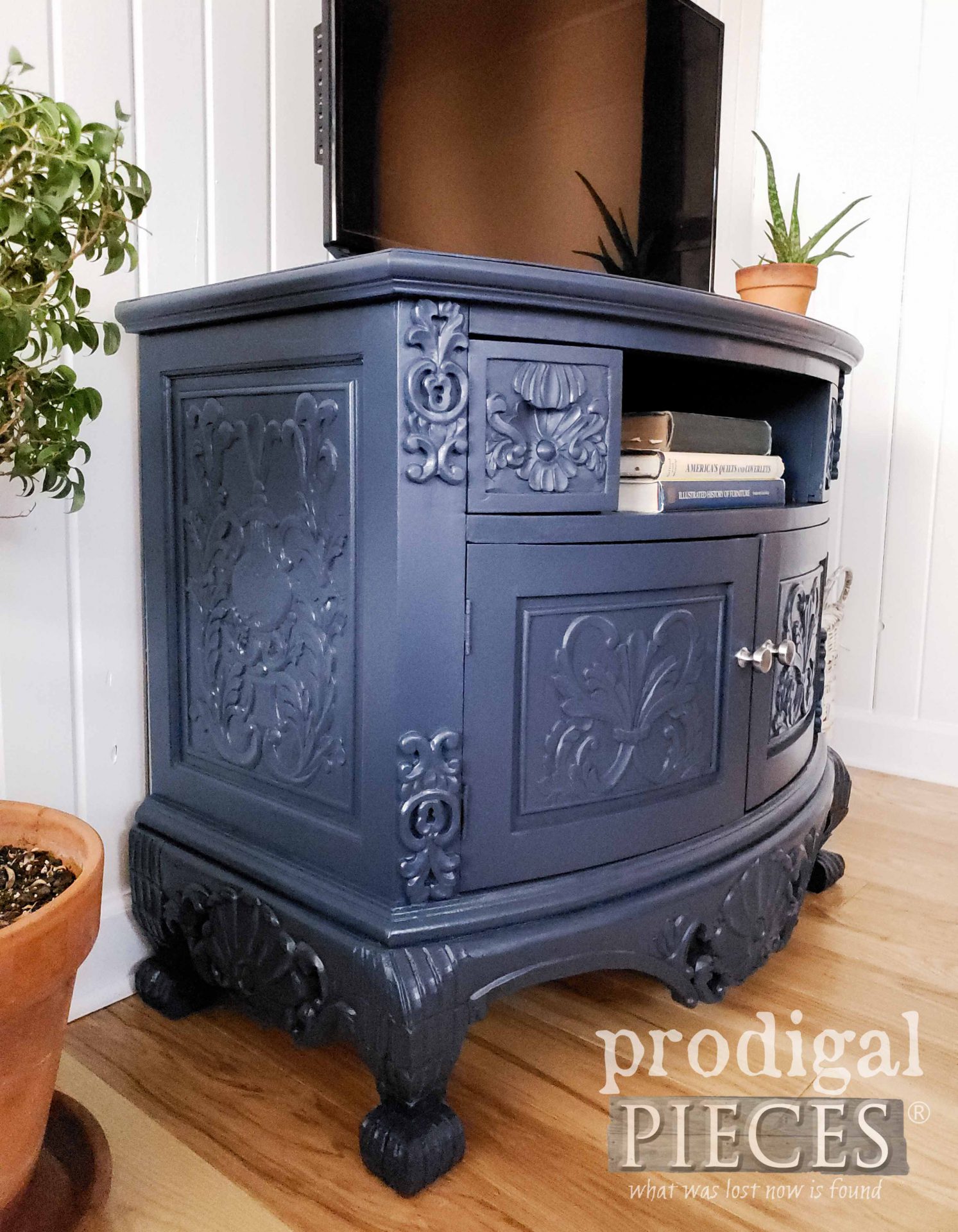 Ornate Navy Blue Painted TV Stand by Larissa of Prodigal Pieces | prodigalpieces.com prodigalpieces furniture blue home diy homedecor Ornate Navy Blue Painted TV Stand by Larissa of Prodigal Pieces | prodigalpieces.com prodigalpieces furniture blue home diy homedecor