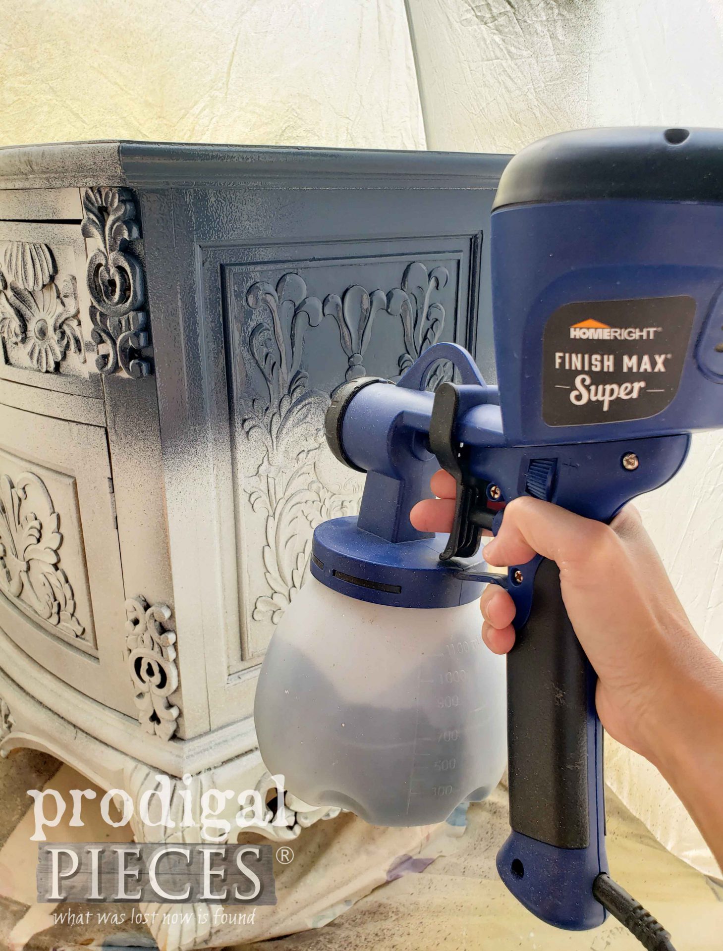 Spraying Navy Blue Paint onto Entertainment Stand with HomeRight Super Finish Max Extra | prodigalpieces.com prodigalpieces Spraying Navy Blue Paint onto Entertainment Stand with HomeRight Super Finish Max Extra | prodigalpieces.com prodigalpieces