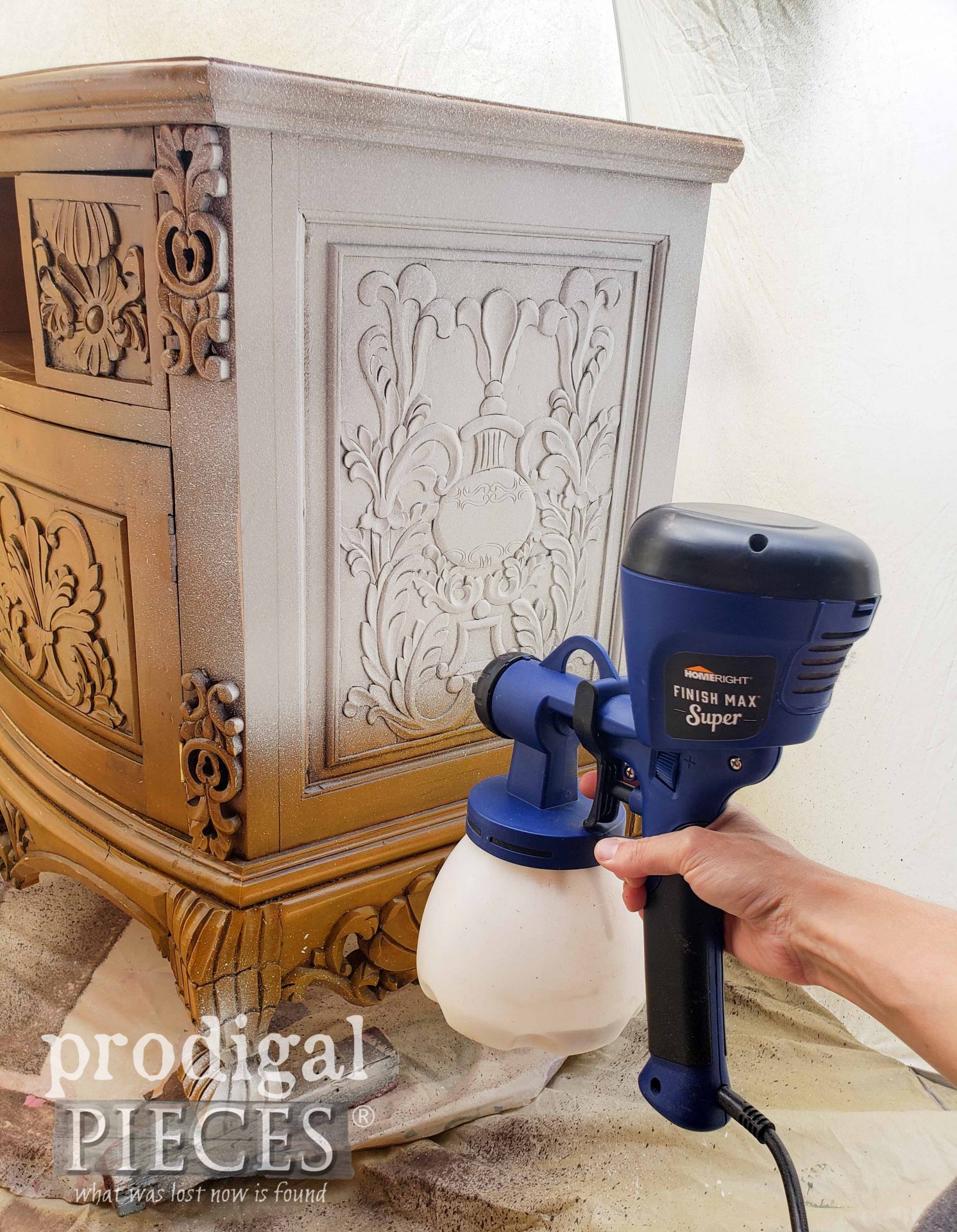 Spraying Gripper Primer to Entertainment Stand with HomeRight Super Finish Max Extra | prodigalpieces.com Spraying Gripper Primer to Entertainment Stand with HomeRight Super Finish Max Extra | prodigalpieces.com