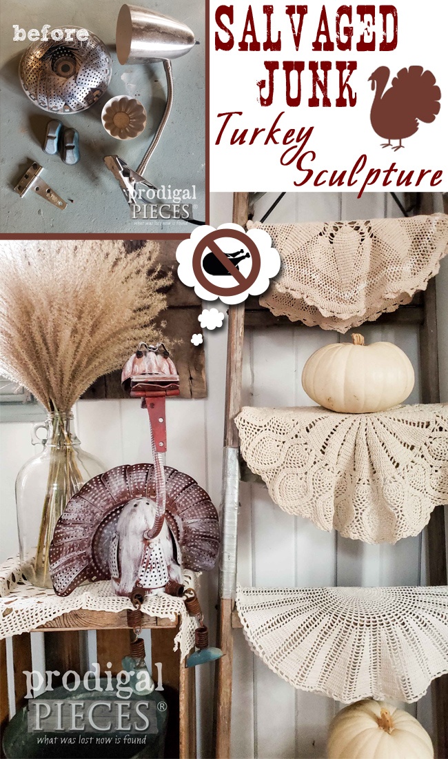 How cute!! This salvage junk turkey sculpture was created by Larissa of Prodigal Pieces using 
