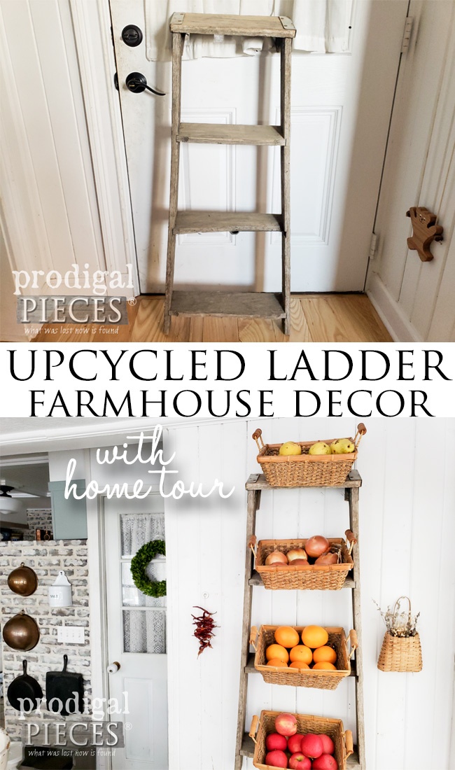 Grab that old broken ladder and turn it into farmhouse decor. Come take the home tour of Larissa of Prodigal Pieces to be inspired to create your own home story | Head to prodigalpieces.com prodigalpieces farmhouse home homedecor hometour video diy