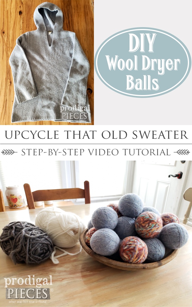 Upcycle that old wool sweater! A super fun and easy video tutorial on how to make DIY Wool Dryer Balls from an old wool sweater. Full details at prodigalpieces.com prodigalpieces diy home laundry handmade upcycle crafts farmhouse