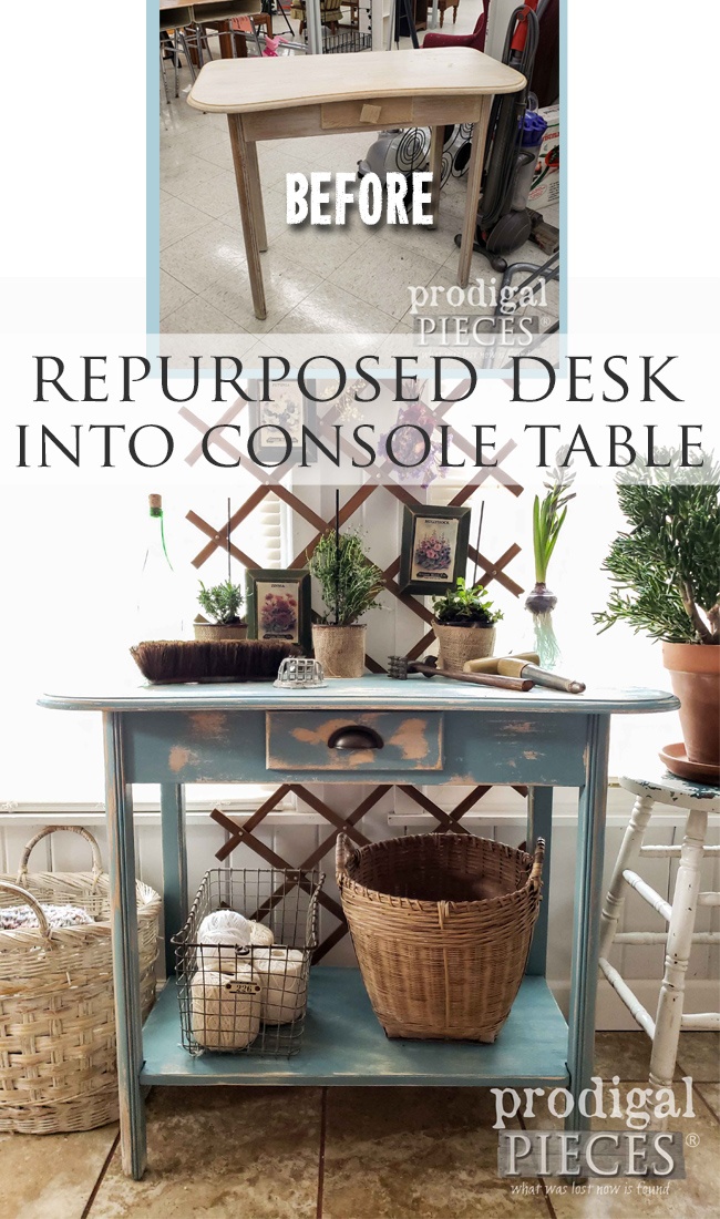 Take that desk and repurpose it into a console table. Let Larissa of Prodigal Pieces show you how | prodigalpieces.com prodigalpieces farmhouse furniture home vintage spring homedecor