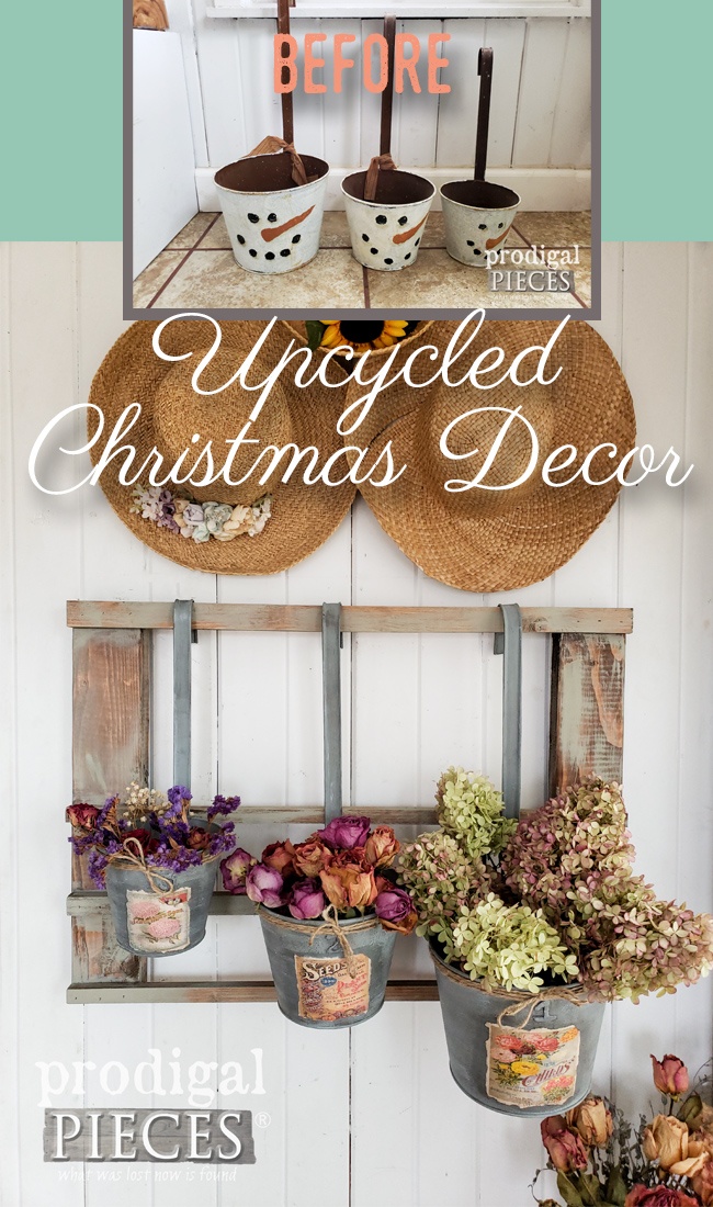 Don't trash or donate your old Christmas decor. Upcycle it! Larissa of Prodigal Pieces shows you how at prodigalpieces.com prodigalpieces diy farmhouse upcycle home homedecor