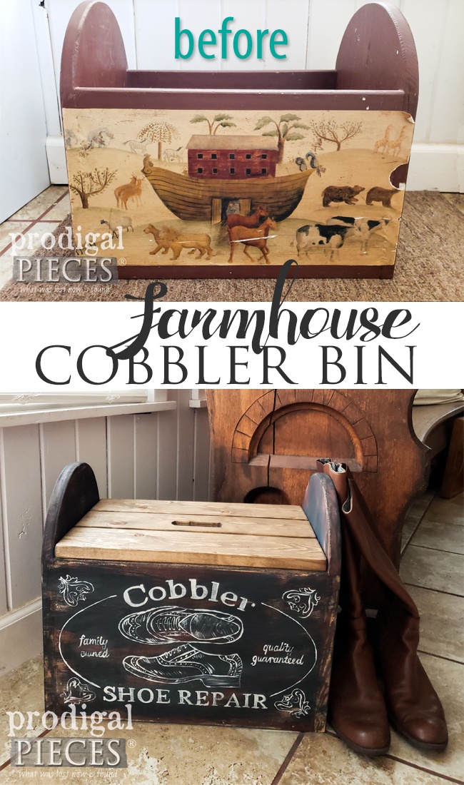 How fun is this thrifty makeover? Larissa of Prodigal Pieces gave this dated piece a farmhouse cobbler bin makeover | Full tutorial at prodigalpieces.com prodigalpieces diy home farmhouse homedecor