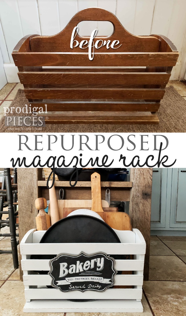 Grab that ol' magazine rack and turn it into handy kitchen storage | DIY by Larissa of Prodigal Pieces at prodigalpieces.com prodigalpieces diy home farmhouse kitchen homedecor