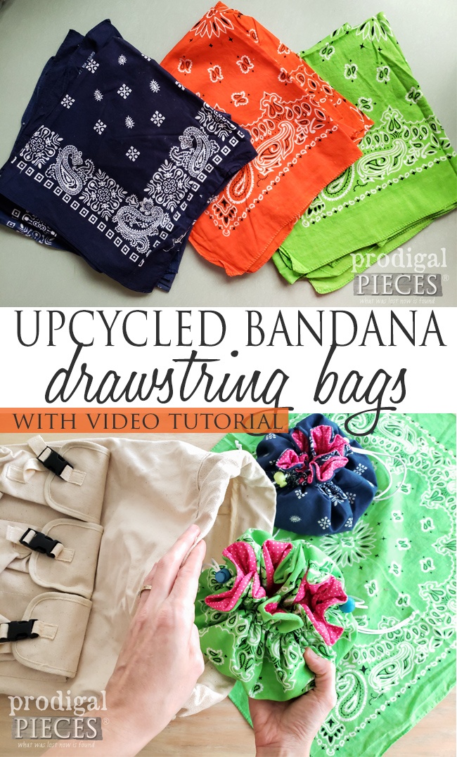 How cute are these?!? Whip up some upcycled bandana drawstring bags for your friends, family and YOU. Video tutorial by Larissa of Prodigal Pieces at prodigalpieces.com prodigalpieces diy sewing upcycle gift easter handmade refashion