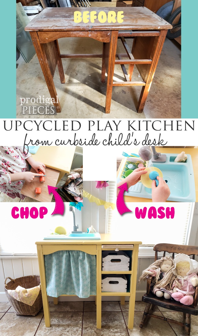 How cute! Larissa of Prodigal Pieces found this child's desk set out for trash and turned it into an upcycled play kitchen with working water sink | Video tutorial at prodigalpieces.com prodigalpieces diy upcycled kids play home homedecor