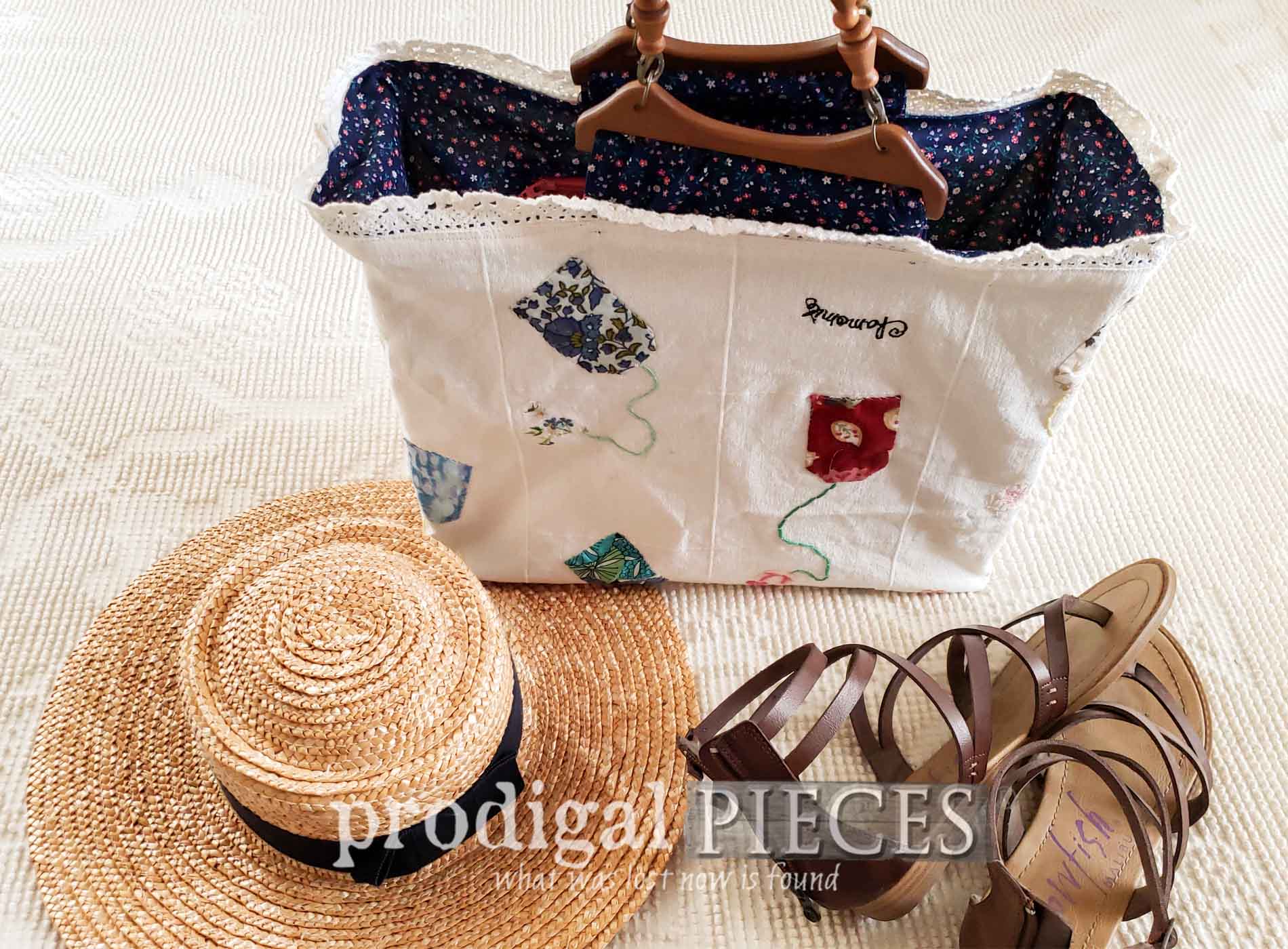 Refashioned Tea Towel Bag with Embroidery