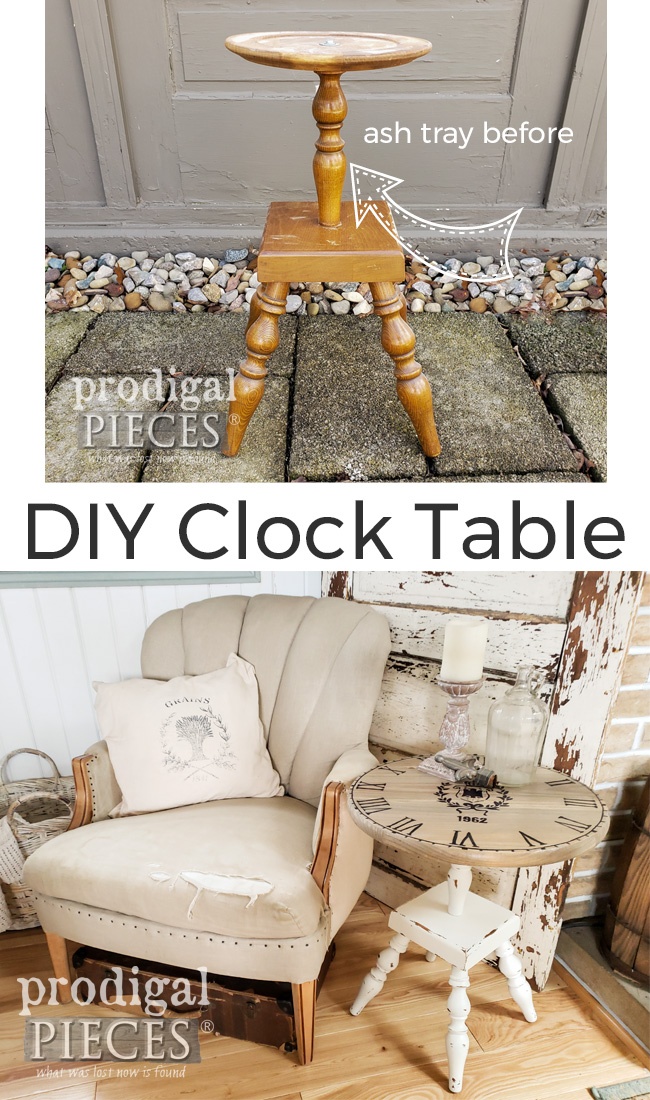 A broken ash tray stand is transformed into an upcycled clock face table with the Quick Finish Sprayer by HomeRight | Video demo at prodigalpieces.com prodigalpieces furniture diy tools farmhouse shabbychic home homedecor