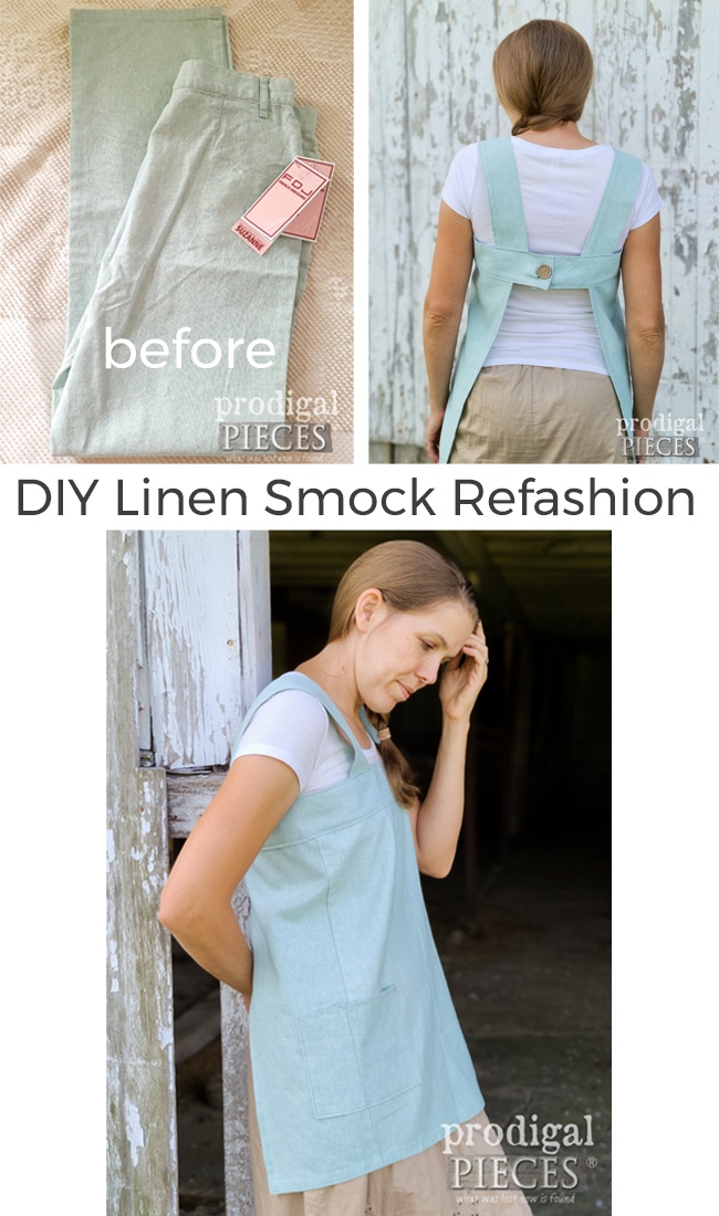 A thrifted pair of pants gets refashioned into a DIY Linen Smock by Larissa of Prodigal Pieces | Head to prodigalpieces.com to see the steps | prodigalpieces diy refashion clothing style women linen handmade farmhouse