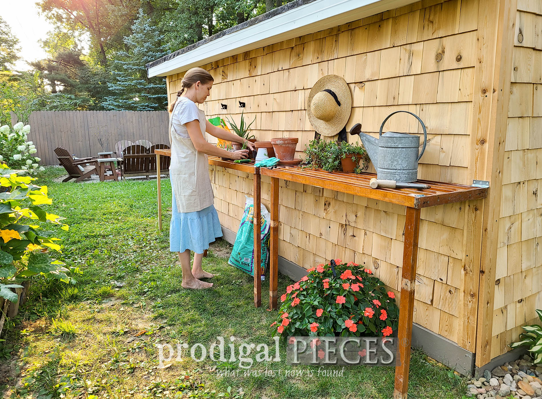 DIY Folding Potting Bench on Garden Shed