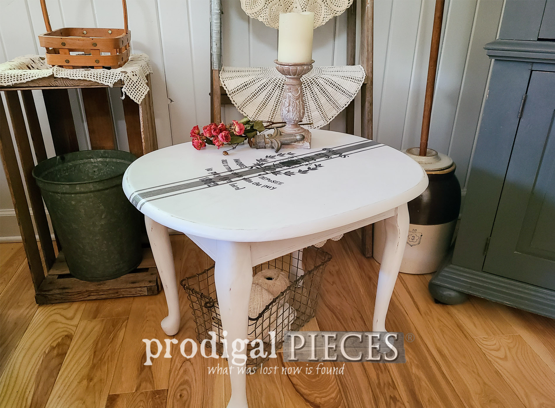 Painted Side Table with Grain Sack Design