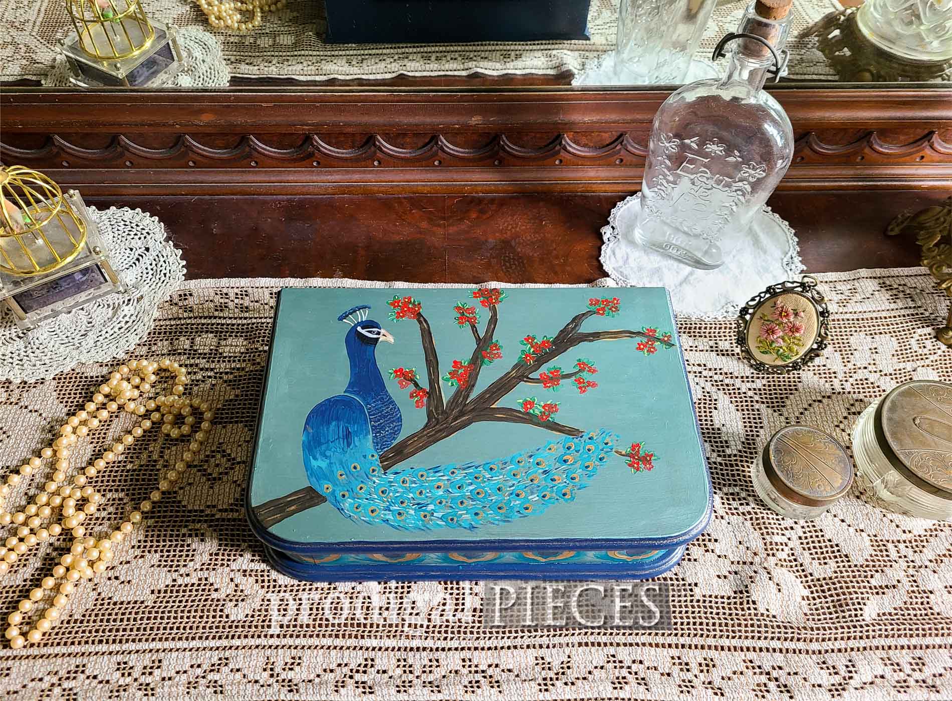 Vintage Jewelry Box Makeover with Peacock Design