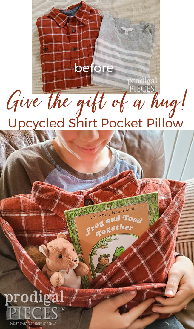 Give the gift of a hug! Make an upcycled shirt (or sweater) pocket pillow this holiday. Full tutorial at Prodigal Pieces | prodigalpieces.com prodigalpieces refashion diy upcycled giftidea christmas