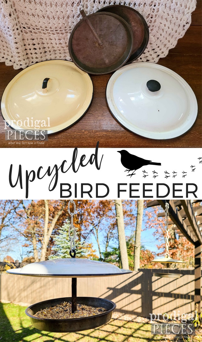 Create an upcycled bird feeder from misfit enamel pot lids and cake pans. Tutorial by Larissa of Prodigal Pieces at prodigalpieces.com prodigalpieces upcycled garden birds farmhouse home homedecor