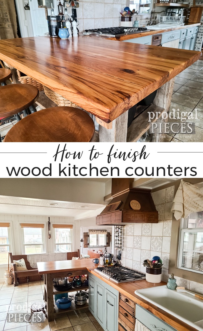 Thinking about installing wood kitchen counters? Head to Prodigal Pieces for choices of finishes, plus tips & tricks | Prodigal Pieces | prodigalpieces.com prodigalpieces diy farmhouse kitchen reclaimed home homedecor