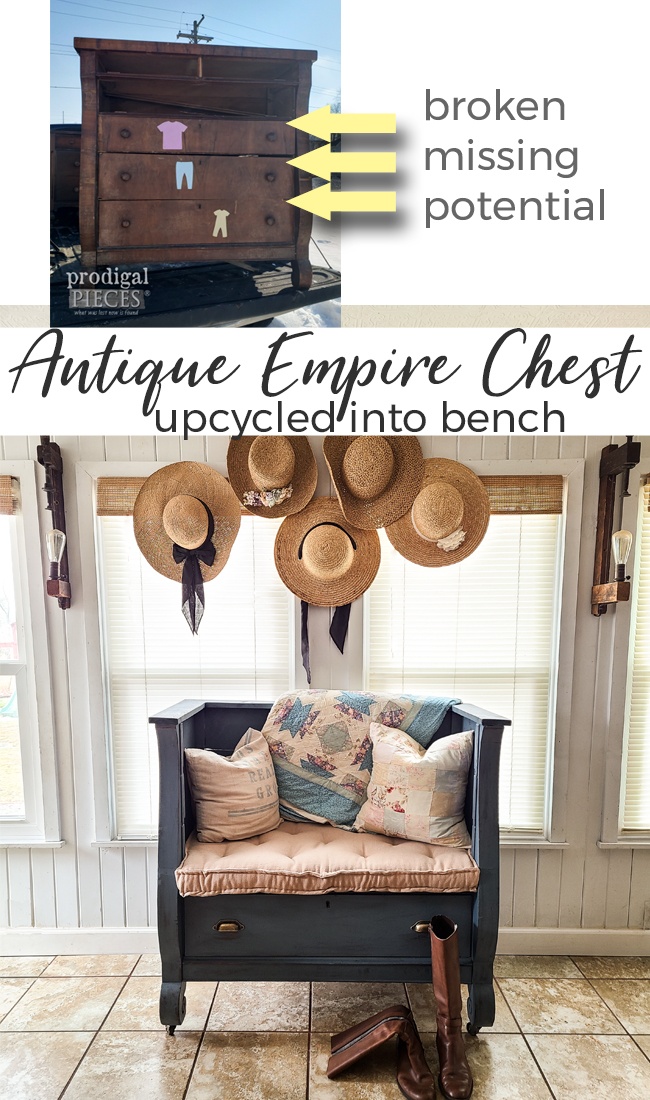 How fun! A dilapidated antique empire chest of drawers is repurposed into an upholstered bench by Larissa of Prodigal Pieces | See the DIY at prodigalpieces.com prodigalpieces diy home furniture homedecor handmade upholstery