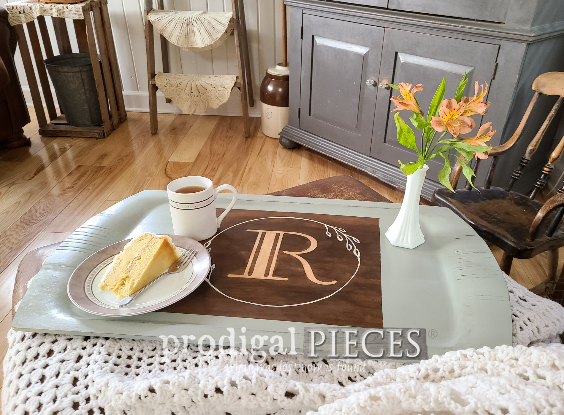 Vintage Wooden Tray with Monogram