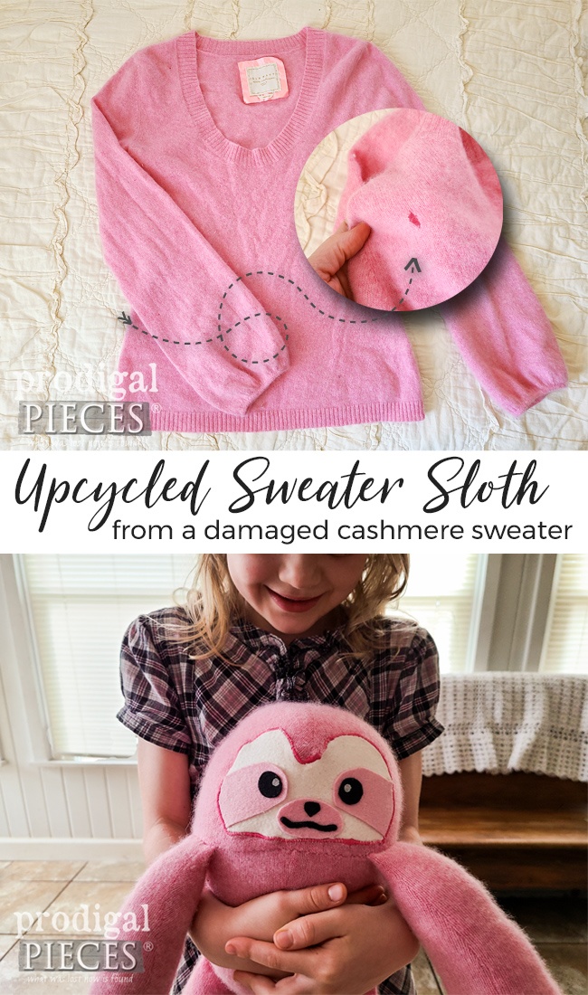 Sew cute! Larissa of Prodigal Pieces creates a refashioned sweater sloth from an upcycled cashmere sweater. See the free pattern at prodigalpieces.com prodigalpieces sewing diy kids toys