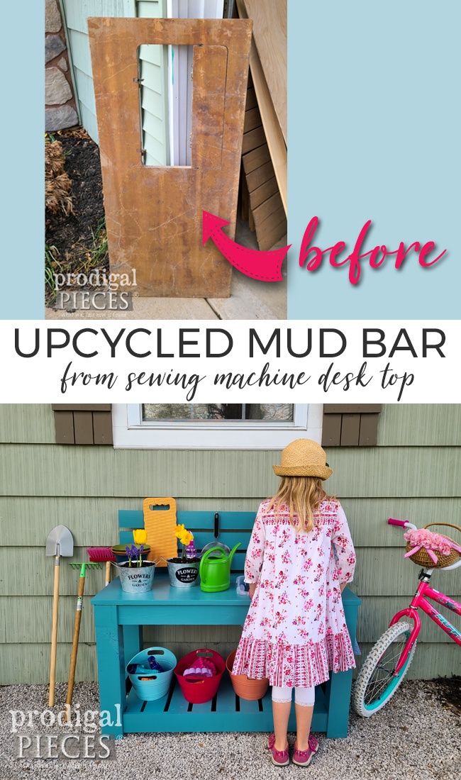 Garden fun! This misfit sewing desk top is transformed into an upcycled mud bar for hours of pretend play fun by JC & Larissa of Prodigal Pieces | prodigalpieces.com prodigalpieces diy upcycled kids fun