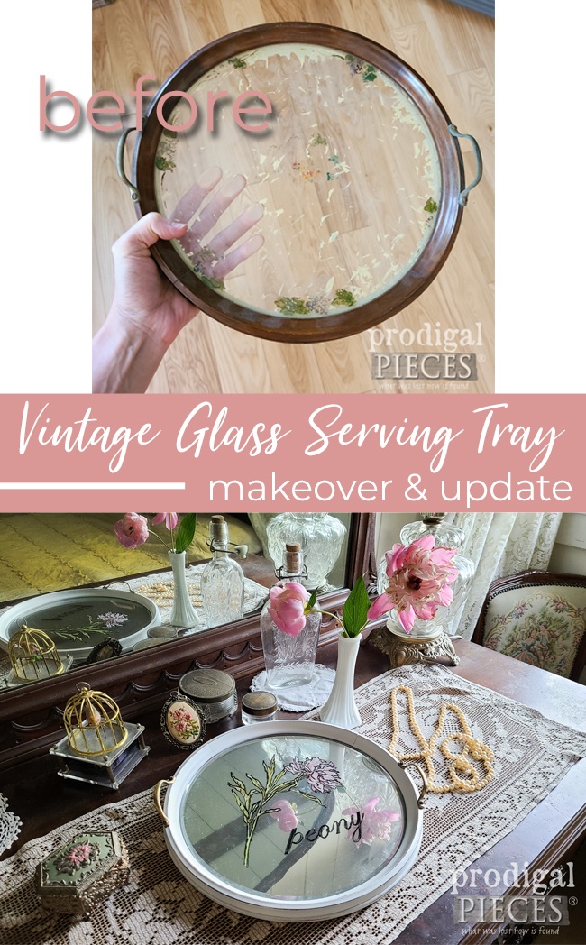A dated and worn vintage round glass serving tray gets a DIY mirrored makeover with peony painting by Larissa of Prodigal Pieces | prodigalpieces.com prodigalpeices home homedecor diy cottage vintage