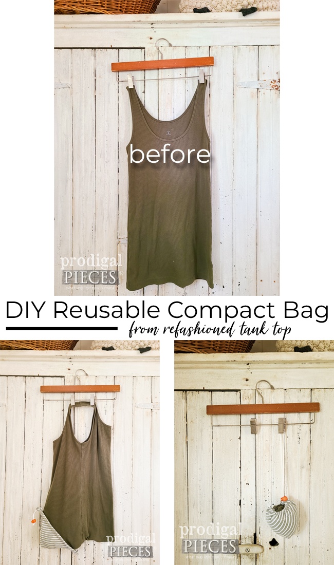 Make a DIY reusable compact shopping bag from a tank top with tutorial by Larissa of Prodigal Pieces | prodigalpieces.com prodigalpieces refashion shopping sewing bag home