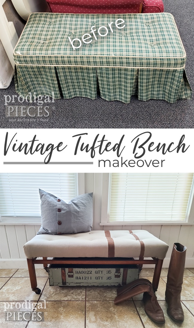 Wow! This dated vintage tufted bench makeover is one to see | Check it out by Larissa of Prodigal Pieces at prodigalpieces.com prodigalpieces vintage furniture home diy upholstery modernfarmhouse