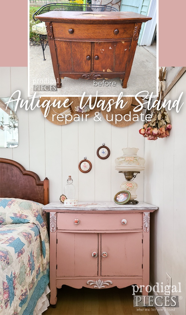 An antique wash stand is in rough shape, but Larissa of Prodigal Pieces gives it new life and more. Come see at prodigalpieces.com prodigalpieces antique farmhouse shabbychic furniture