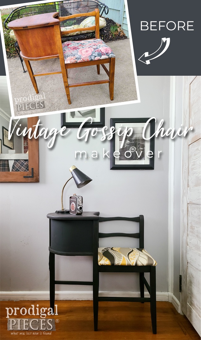Doomed for the trash, Larissa of Prodigal Pieces rescues this vintage gossip chair and gives it new life. Head to prodigalpieces.com prodigalpieces vintage furniture diy