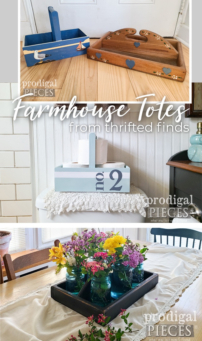 Two thrifted find are in much need of a new look. These farmhouse totes are now ready for home decor fun. Larissa of Prodigal Pieces | prodigalpieces.com prodigalpieces farmhouse upcycled homedecor