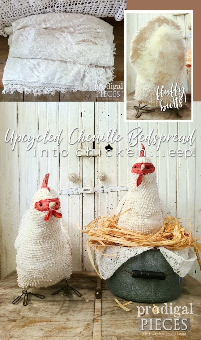 Who knew an upcycled chenille bedspread could be so cute? These handmade chicken by Larissa of Prodigal Pieces are a must-see at prodigalpieces.com prodigalpieces upcycled chicken farm