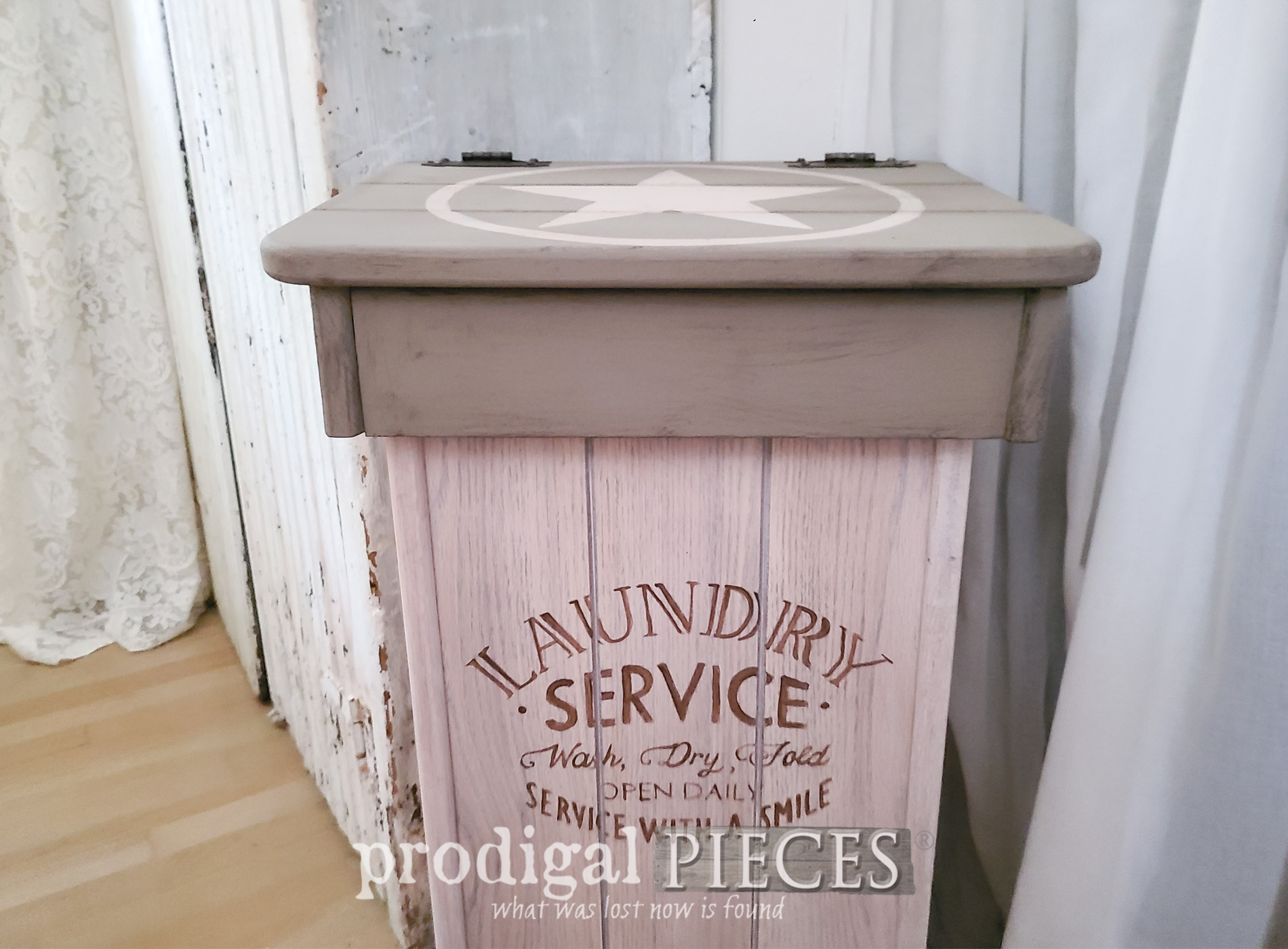 Vintage Wooden Trash Bin into Laundry Bin