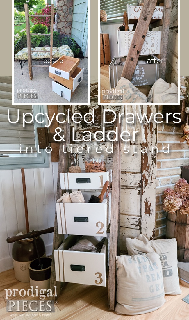 Left for trash this broken ladder and upcycled drawers are turned into a tiered stand by Larissa of Prodigal Pieces | prodigalpieces.com prodigalpieces diy farmhouse homedecor reclaimed