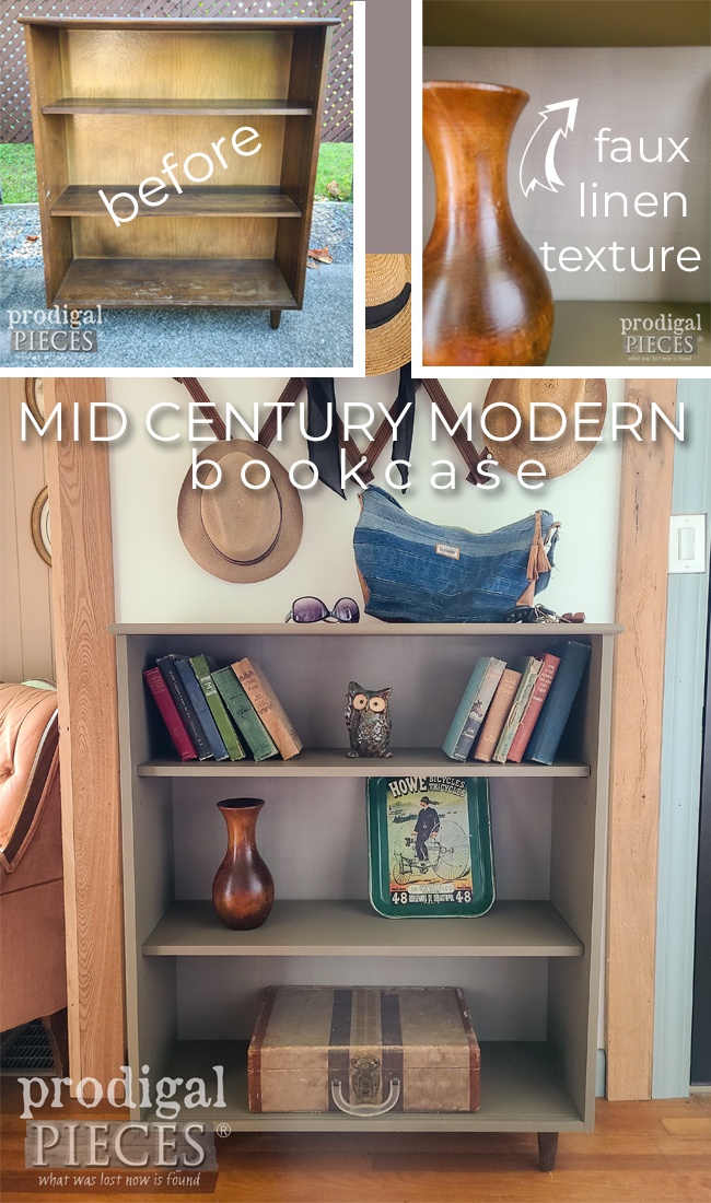 A dated and ho-hum Mid Century Modern Bookcase gets a up-to-date makeover with Faux Linen Paint Technique | Details at Prodigal Pieces | prodigalpieces.com prodigalpieces midcentury modern boho diy
