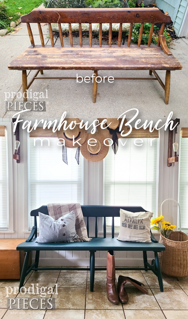This vintage farmhouse bench makeover is a great way to revive a dated and damaged pieces. See the full DIY details at Prodigal Pieces | prodigalpieces.com prodigalpieces diy vintage makeover furniture