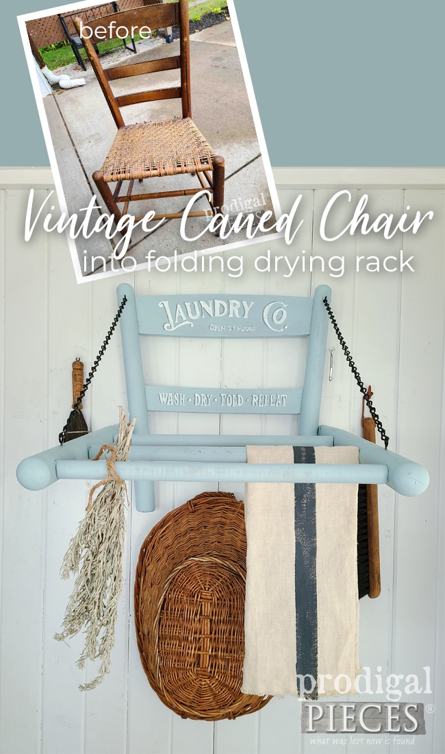 A broken, vintage caned chair is left for trash until Larissa of Prodigal Pieces upcycles it into a folding drying rack | DIY details at prodigalpieces.com prodigalpieces repurposed upcycled diy farmhouse