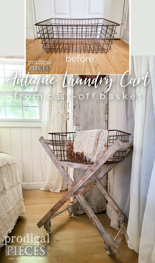 A cast-off wire basket inspires Larissa of Prodigal Pieces to create an antique laundry cart from scrap wood. Check it out at prodigalpieces.com prodigalpieces farmhouse woodworking upcycled