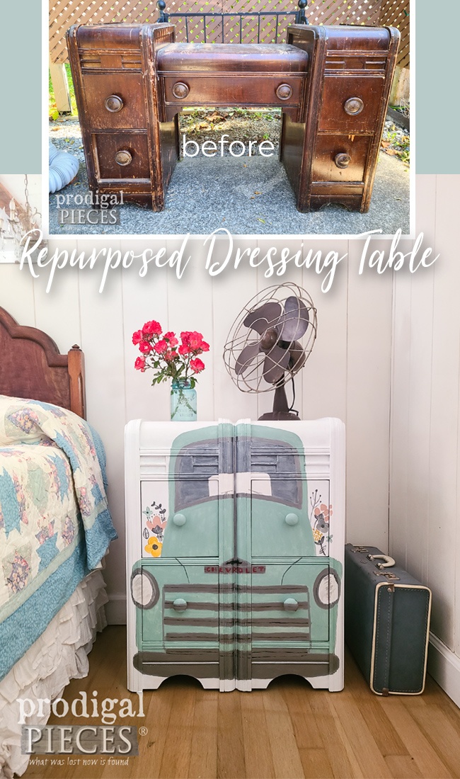 A damaged dressing table is repurposed into an adorable chest of drawers with vintage truck and Country Roads Take Me Home by Larissa of Prodigal Pieces | prodigalpieces.com prodigalpieces furniture repurposed upcycled truck vintage