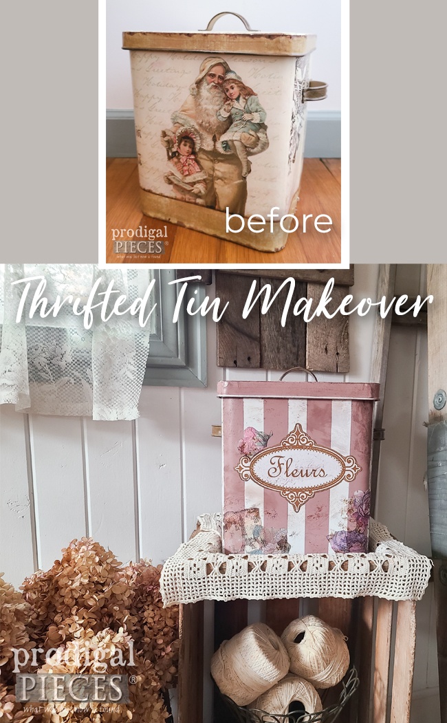 A thrifted santa tin turns ooh, la, la, with DIY fun by Larissa of Prodigal Pieces | prodigalpieces.com prodigalpieces. prodigalpieces thrifted diy homedecor