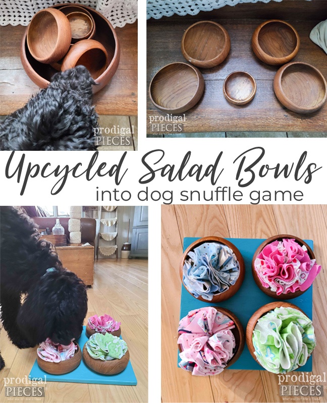 Four Upcycled Salad Bowls become DIY Dog Snuffle Board Toy with Tutorial by Larissa of Prodigal Pieces | prodigalpieces.com prodigalpieces dog toys puppy furbaby
