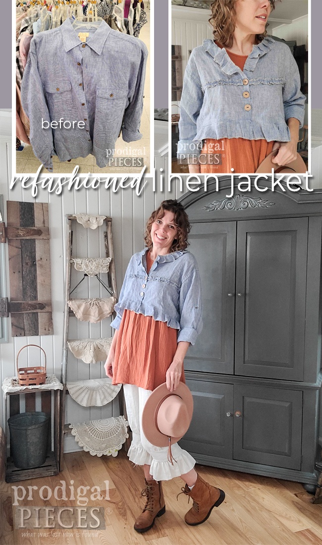 Amazing! Larissa of Prodigal Pieces takes a thrift store shirt to make a refashioned linen jacket. Oh, and check out the linen bloomers! DIY at prodigalpieces.com prodigalpieces refashion handmade diy style fashion