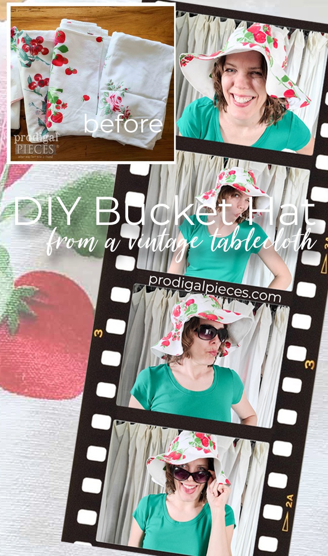 Larissa of Prodigal Pieces take a vintage tablecloth and turn it into a DIY bucket hat for summer fun. See the details at Prodigal Pieces | prodigalpieces.com prodigalpieces refashion diy sewing handmade