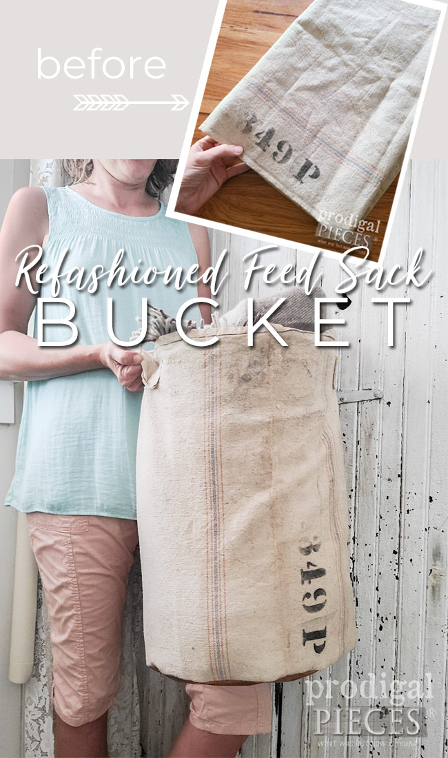 Create a refashioned feed sack bucket with this tutorial by Larissa of Prodigal Pieces | prodigalpieces.com prodigalpieces diy farmhouse refashioned