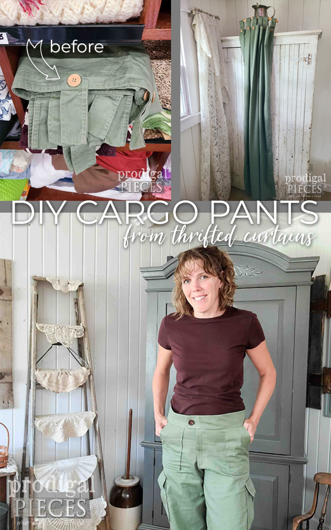 Larissa of Prodigal Pieces creates DIY cargo pants from refashioning thrifted curtains. See the crazy details at prodigalpieces.com prodigalpieces