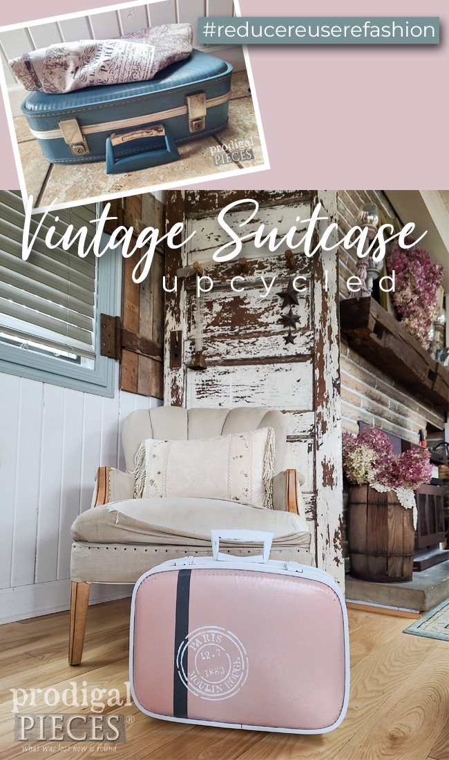 Check out how a vintage suitcase upcycled take a thrifted shower curtain and luggage to make French chic decor by Larissa of Prodigal Pieces | prodigalpieces.com prodigalpieces