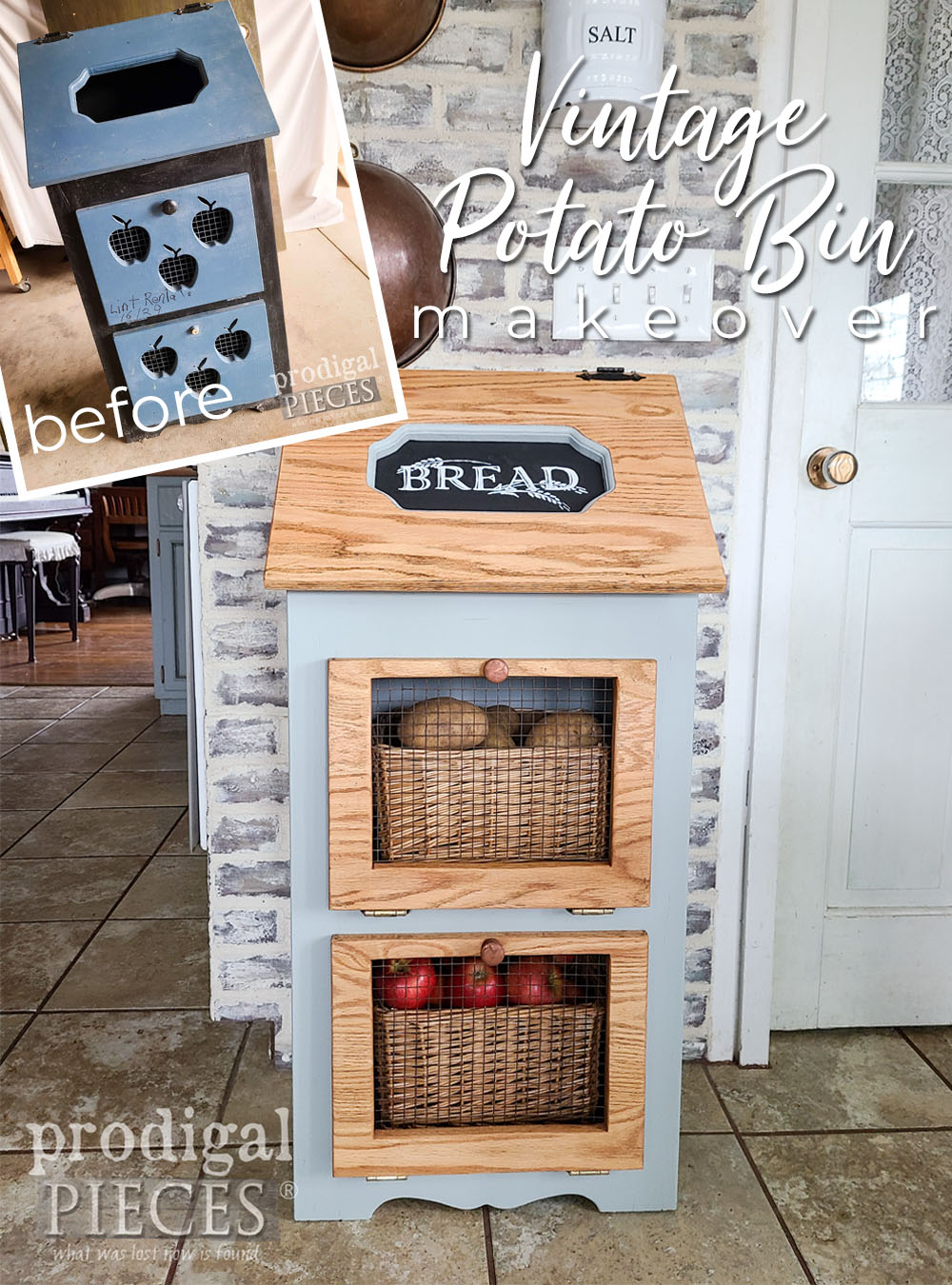 This thrifted vintage potato bin reallllly needed a makeover to update and revive it. Tutorial by Larissa of Prodigal Pieces | prodigalpieces.com prodigalpieces